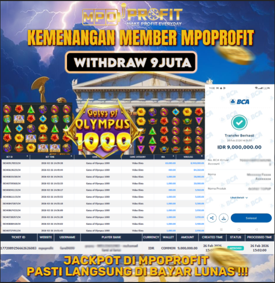 MPOPROFIT JACKPOT PRAGMATIC PLAY! KEMENANGAN MURNI DI (GATES OF OLYMPUS 1000 TOTAL 9.000.000,- LUNAS)
